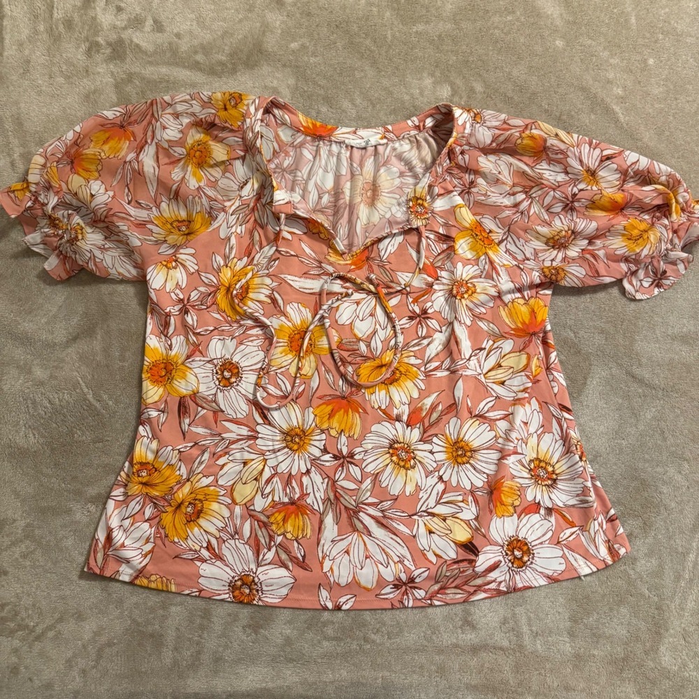 Perception Concept Floral Short Sleeve Blouse XL Pink Orange Daisy Tie Neck Top